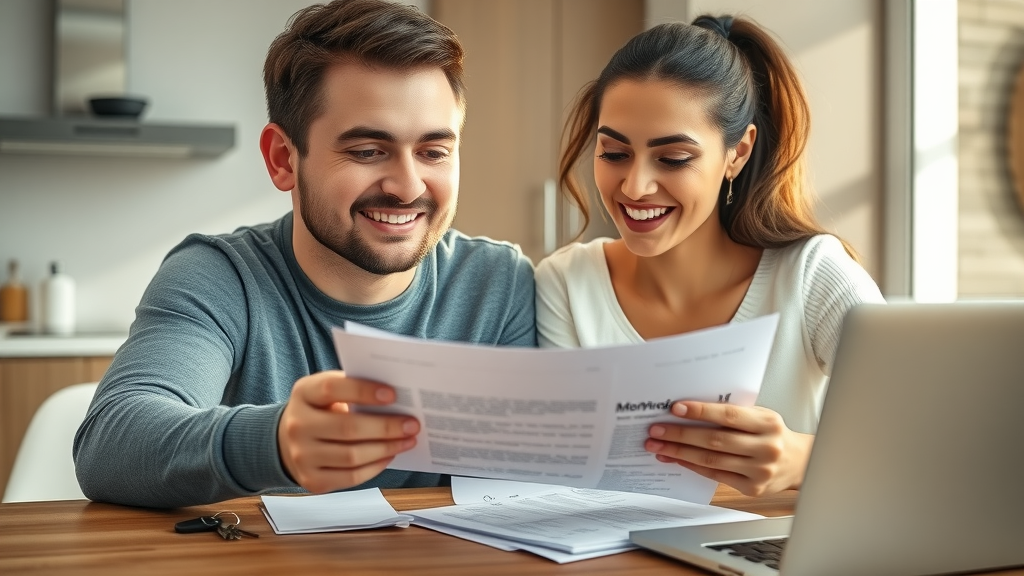 Young couple planning funding your property purchase at home with documents and keys