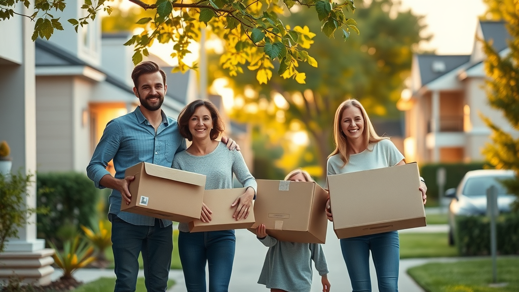Happy family securing funding your property purchase outside new home