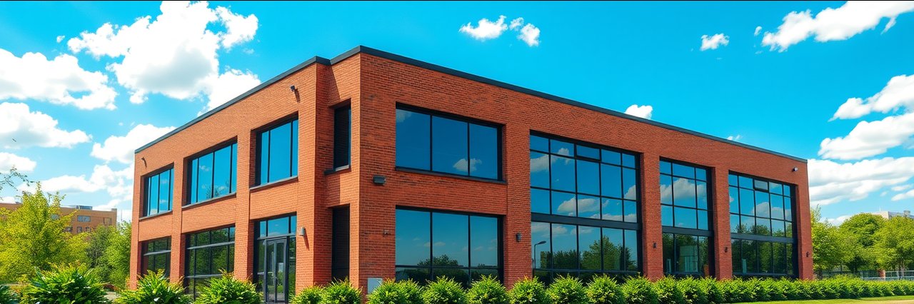 Energy efficient offices in a modern brick building with large windows and greenery.