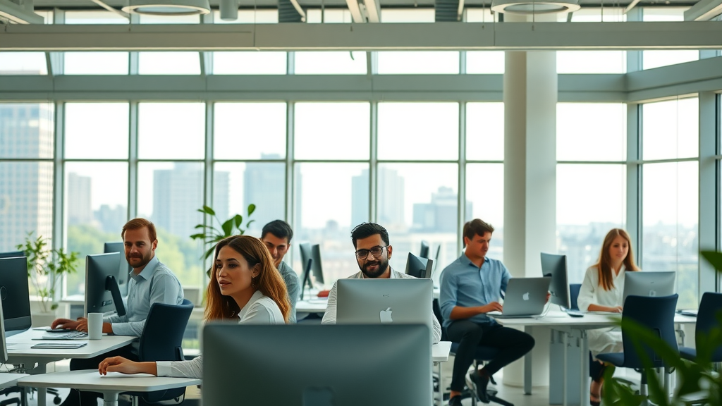 Modern energy efficient office with LED lights and happy workers