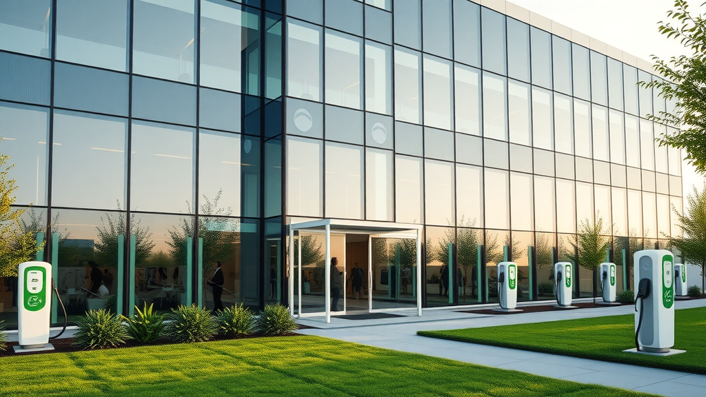 Energy efficient office building with eco features and EV charging stations