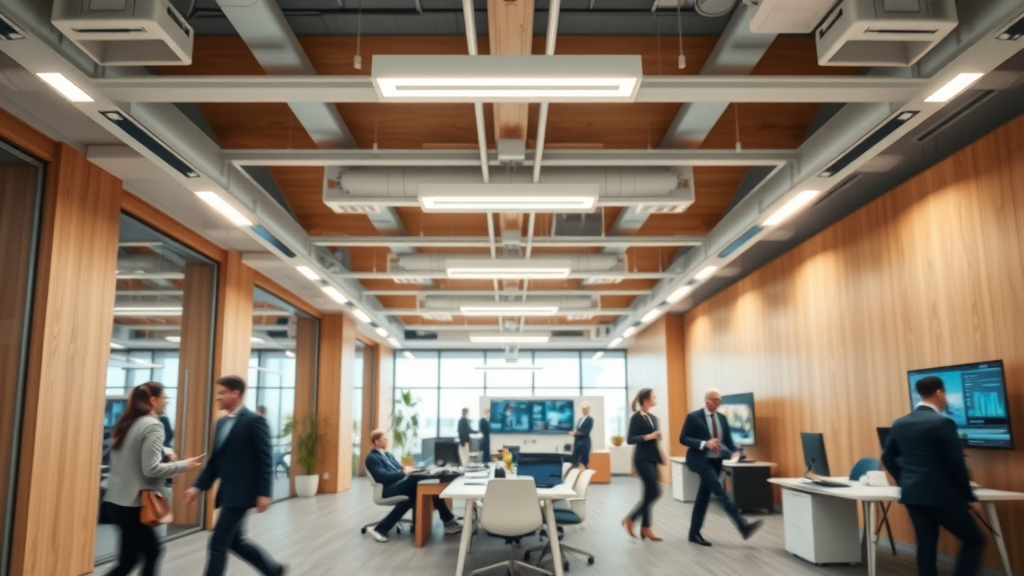 Open-plan energy efficient office workspace with modern LED lighting