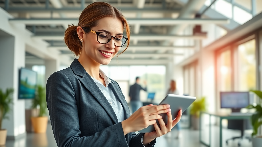 Businesswoman in energy efficient office using digital technology