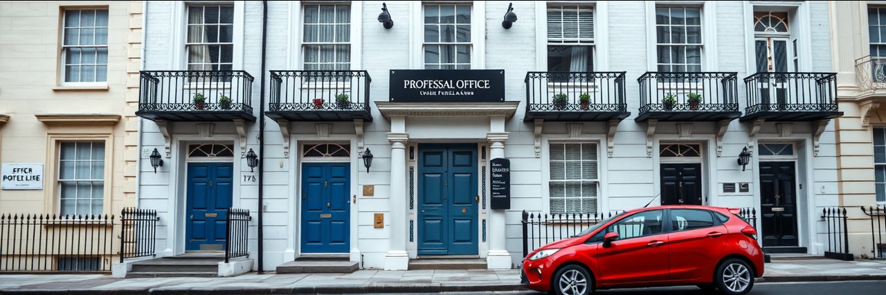 Historic Georgian townhouse with office and red car, building survey Scotland