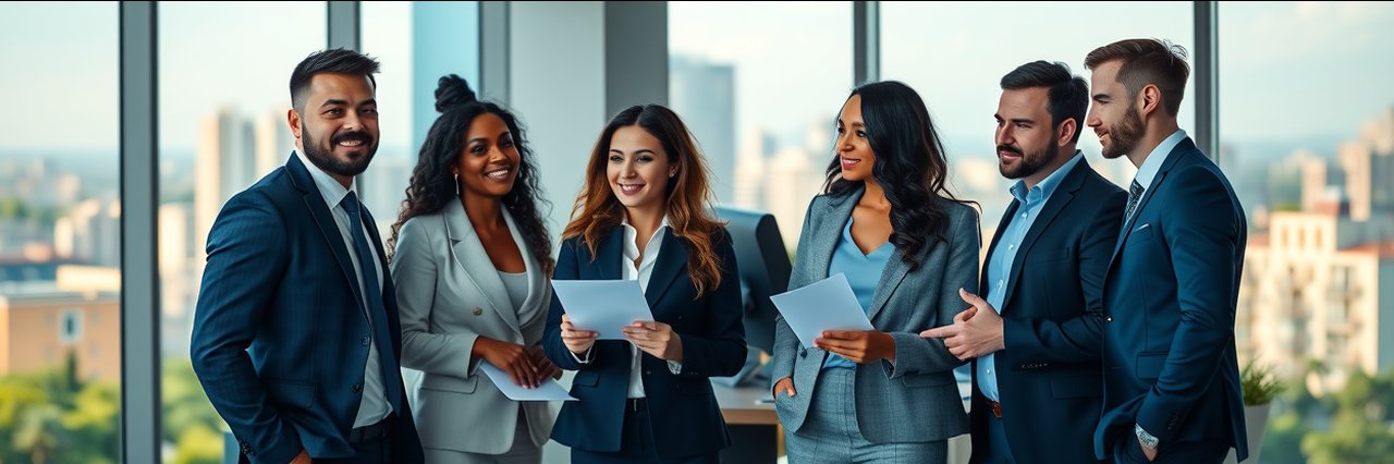 Diverse real estate team building a trusted estate agency in modern office