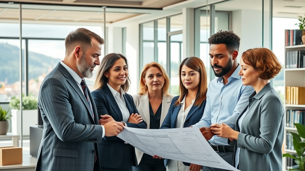 Trusted estate agency staff collaborating in a professional modern office setting.