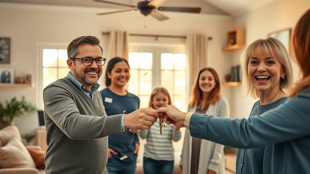 Estate agent building trust handing keys to happy family in their new home.
