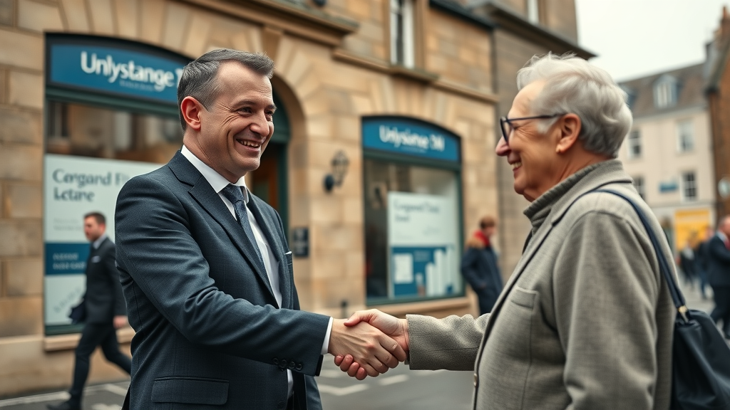 Trusted estate agency professional greets grateful client outside Dumfries office.