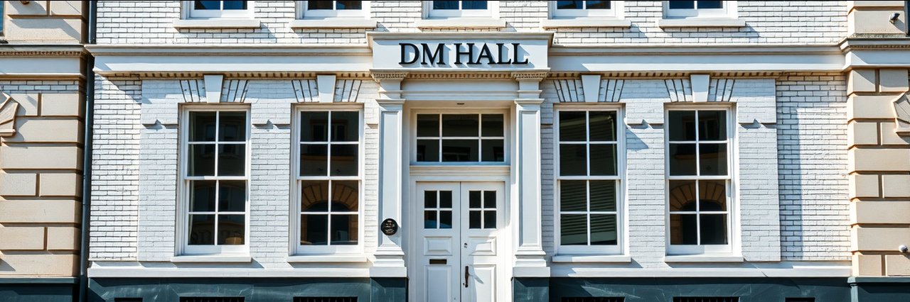 Exterior of office building for residential property surveys with DM Hall signage.