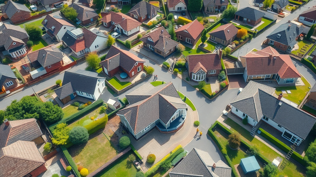 Residential property surveys team inspecting neighborhood homes aerial view
