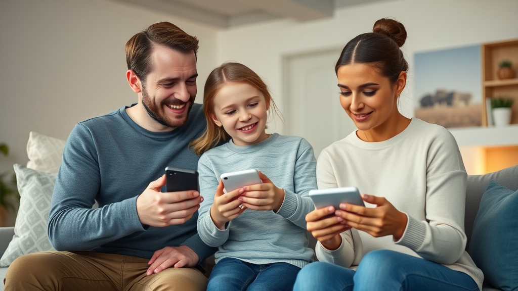 Modern UK family using smart home automation, smart speakers and lighting in contemporary living room