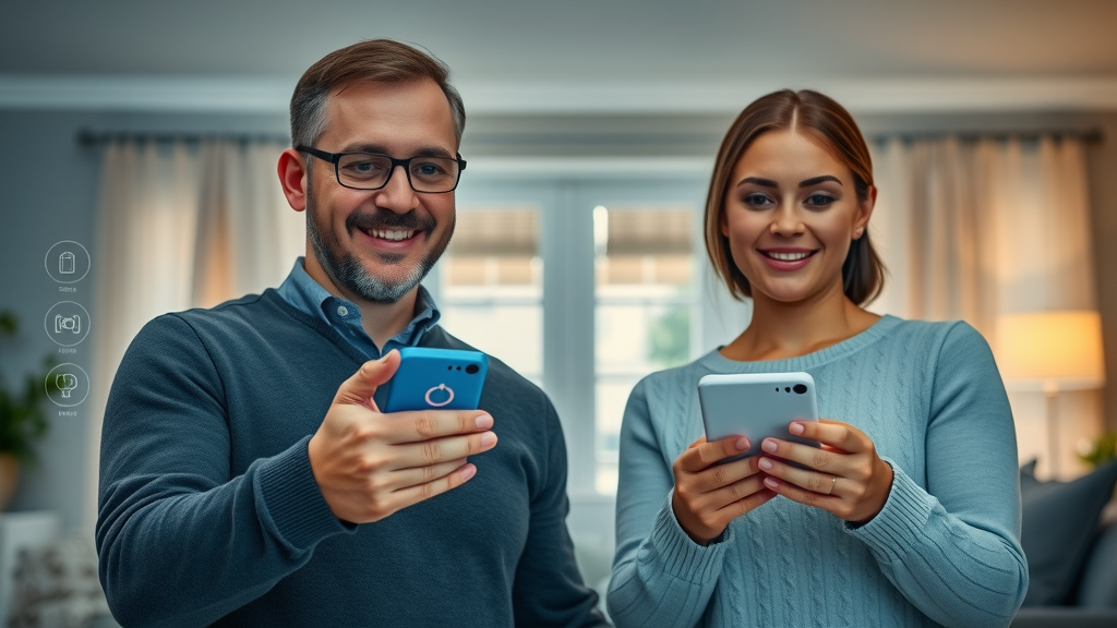 Secure UK home with smart security system, cameras, and lighting, residents monitoring devices