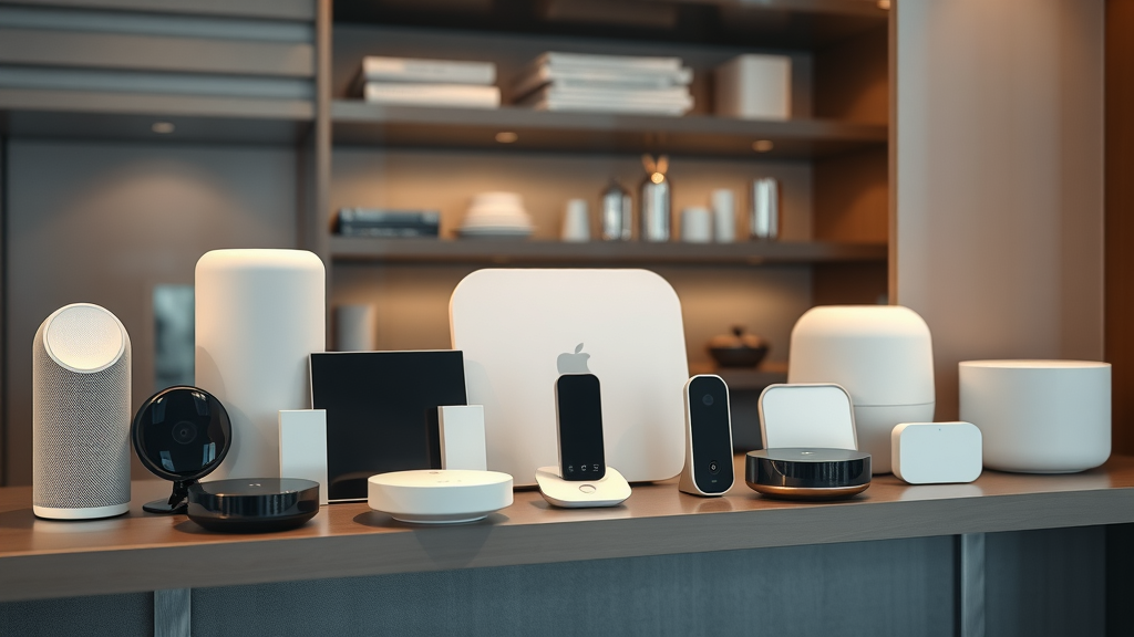Various smart home devices displayed on a shelf in UK home, including smart light, speaker, thermostat