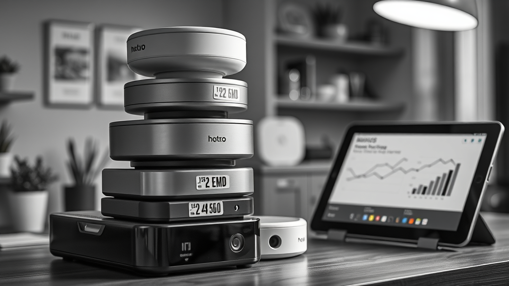 Stack of smart home gadgets with price tags in UK currency, cost breakdown on tablet in workspace