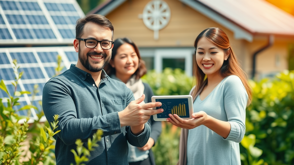 Eco-friendly UK home with smart thermostat, energy app, solar panels, and garden
