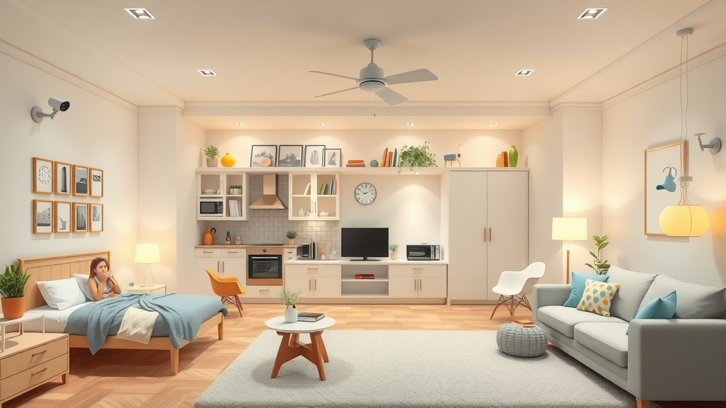 Overview of smart devices in UK bedroom, kitchen, and living room, device icons on cross-section walls