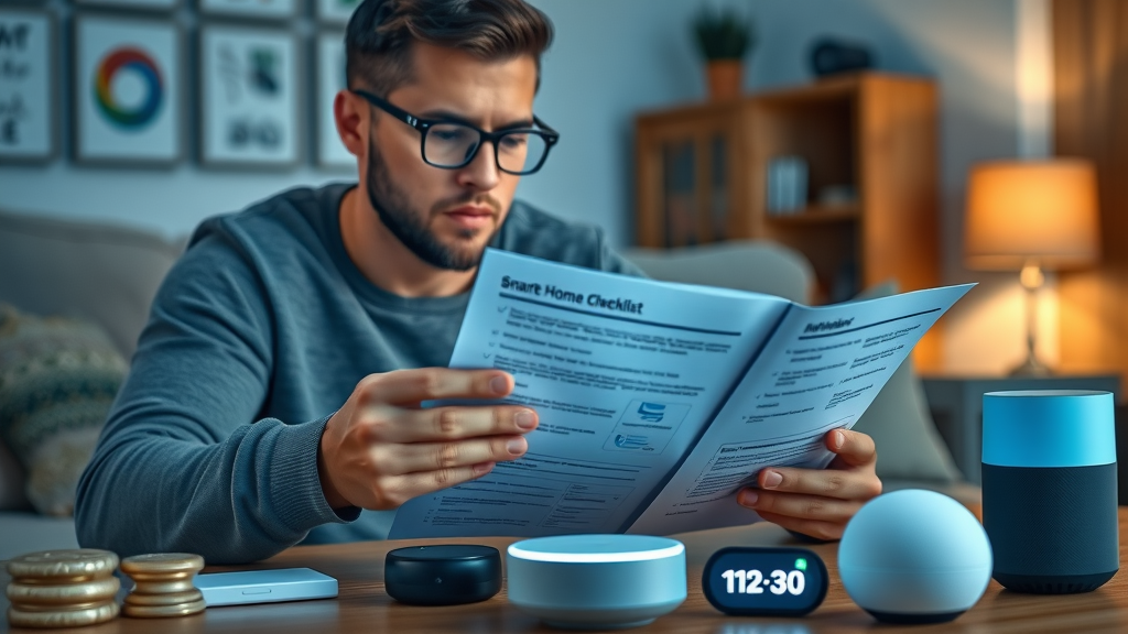Smart home owner reviewing troubleshooting checklist, smart devices on coffee table, network router visible