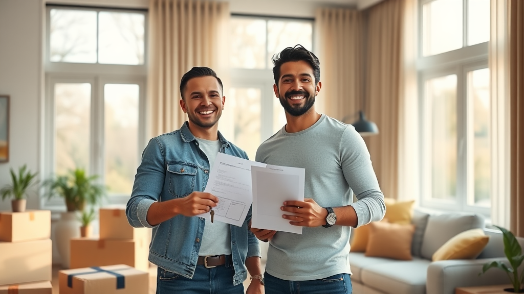 Diverse young couple first time buyers holding keys in sunlit living room