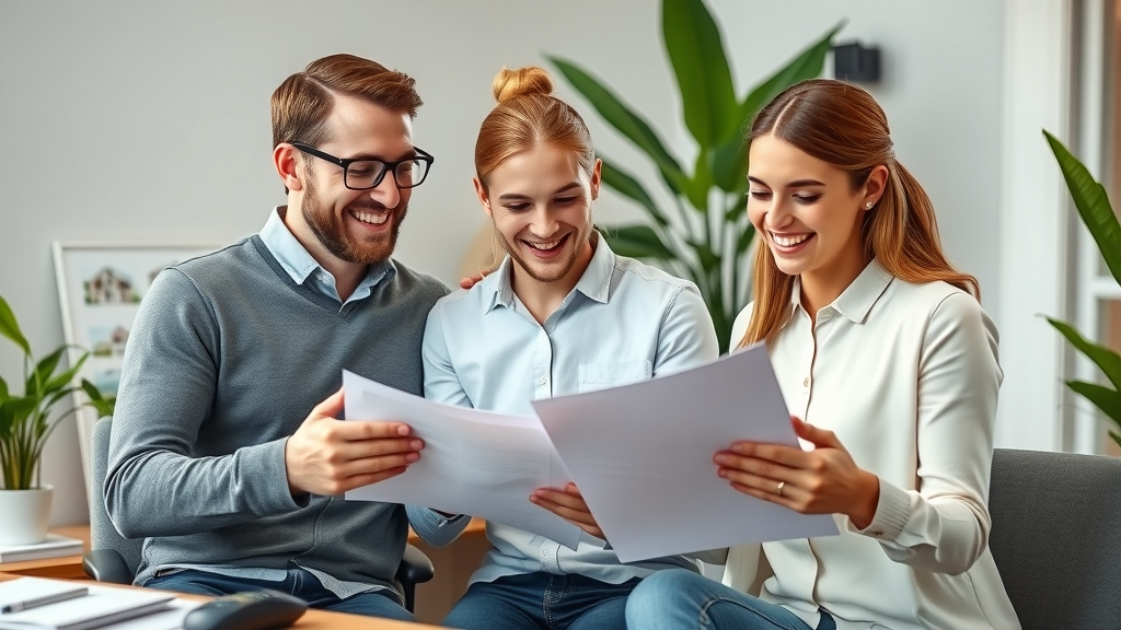 First time buyers with adviser reviewing mortgage documents in office
