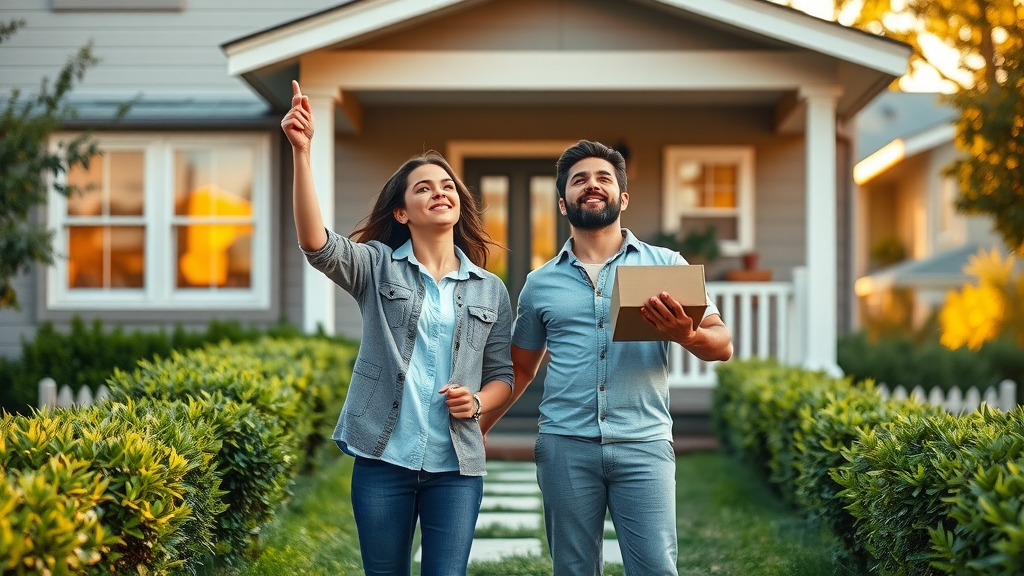 Young first time buyers outside new home with moving boxes at sunset