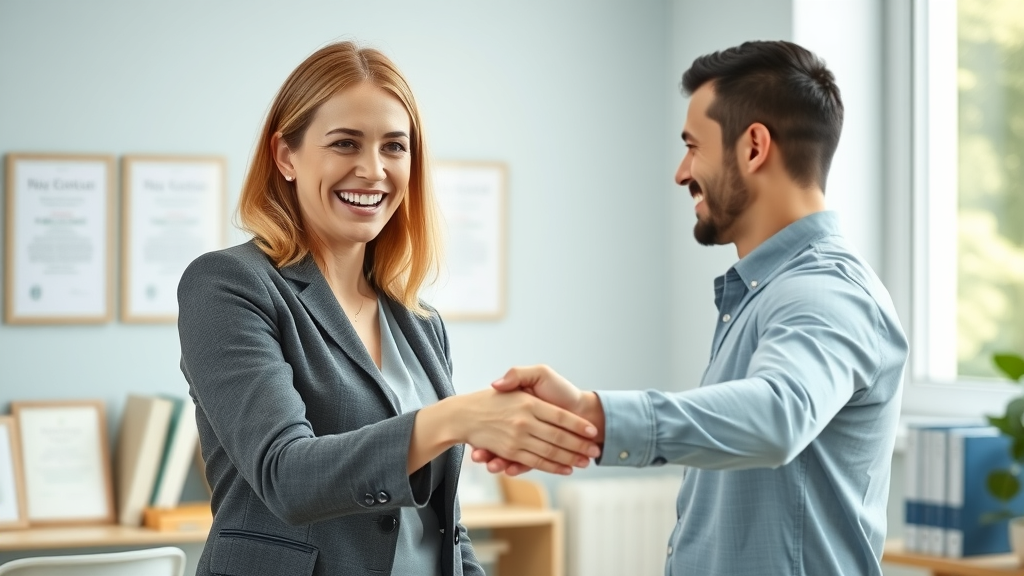 First time buyers shaking hands with mortgage adviser in bright office