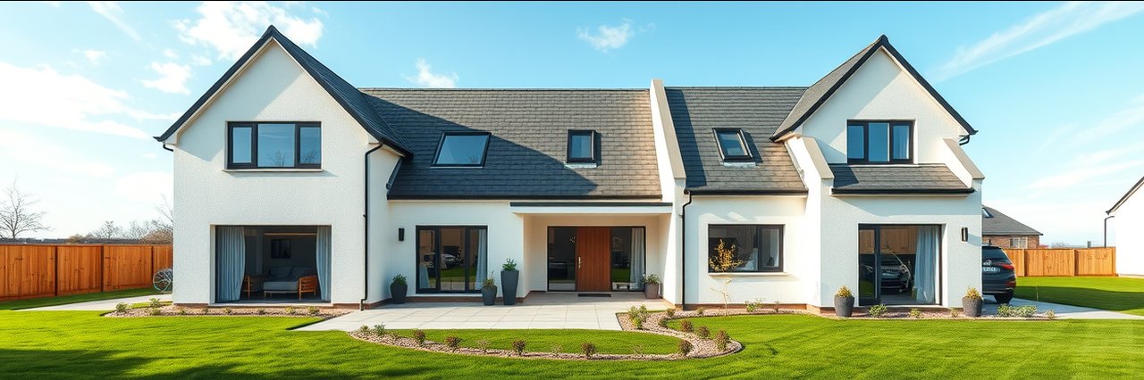 Modern new homes in Dumfries with well-kept lawns and clear sky.