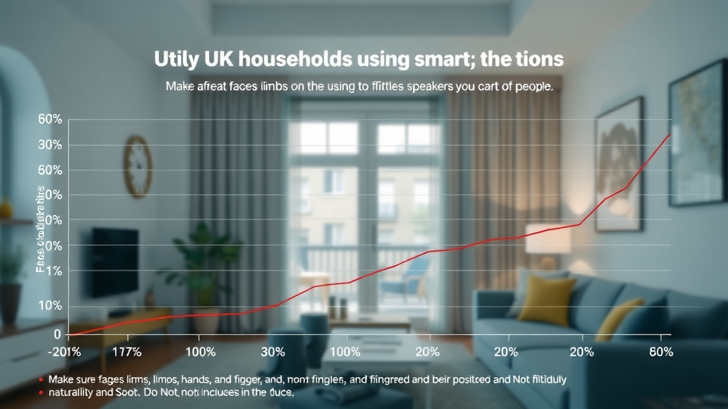 Chart showing percentage of UK households using smart speakers, modern home background, clear graph lines, smart speakers