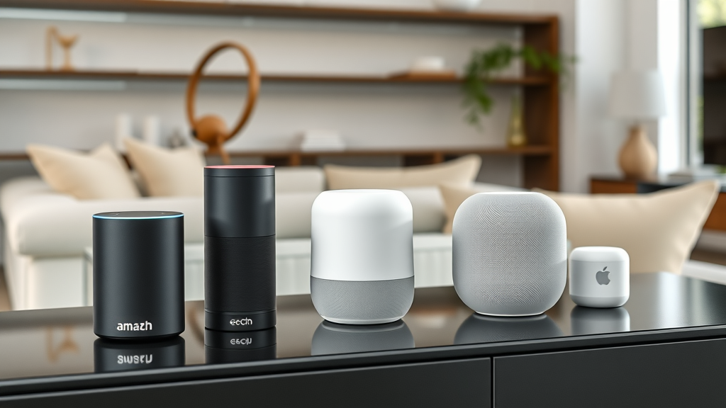 Smart speaker devices: Amazon Echo, Google Nest, Apple HomePod on a modern desk, contemporary interior