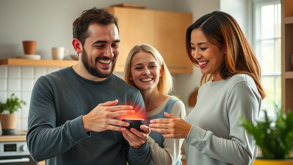 UK family giving a voice command to smart speaker in bright kitchen, device glowing