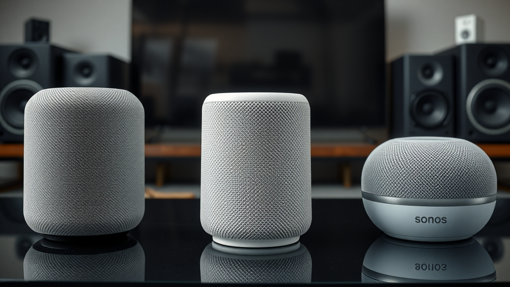 Lineup of Sonos Era, Apple HomePod, Echo Dot, close up on design and build quality in sophisticated UK home environment