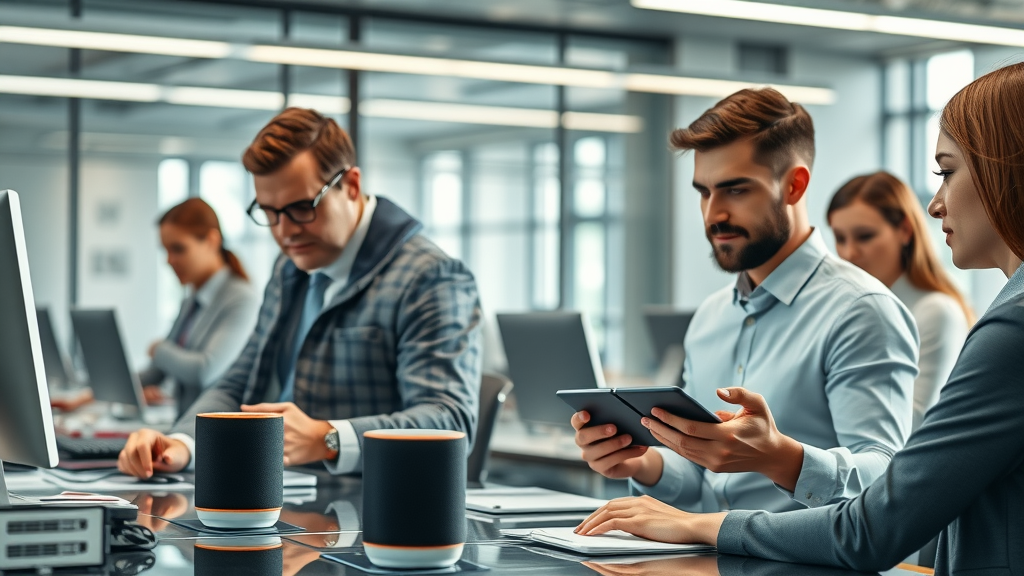 Futuristic UK office with smart speakers on desks, professionals in seamless workflow