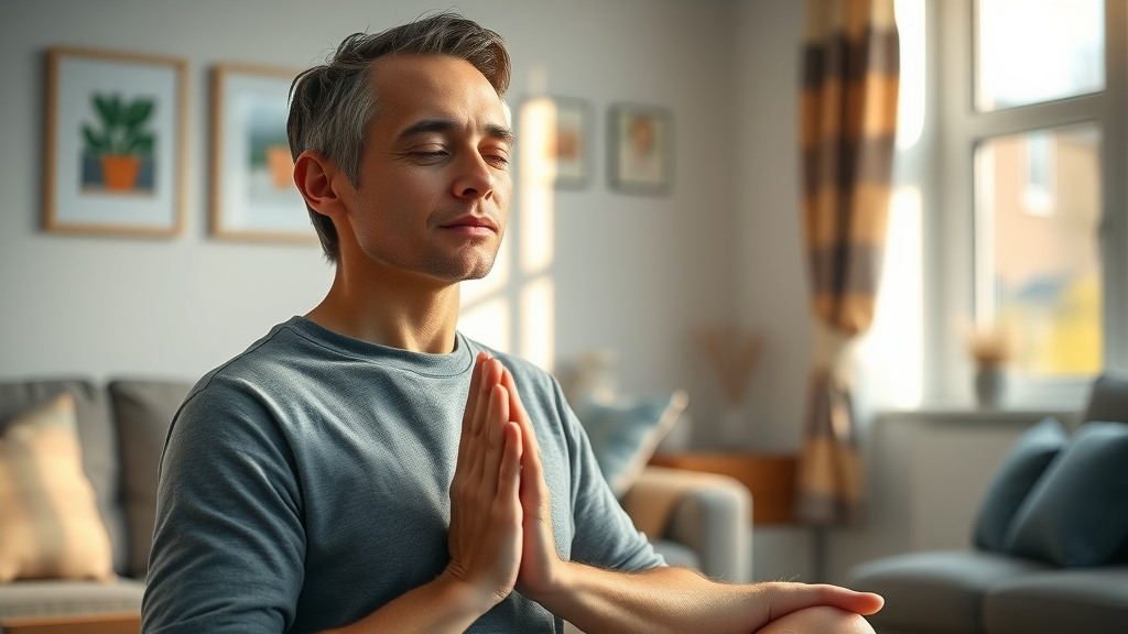 UK adult meditating with smart speaker glowing nearby, tranquil living room, wellness routine