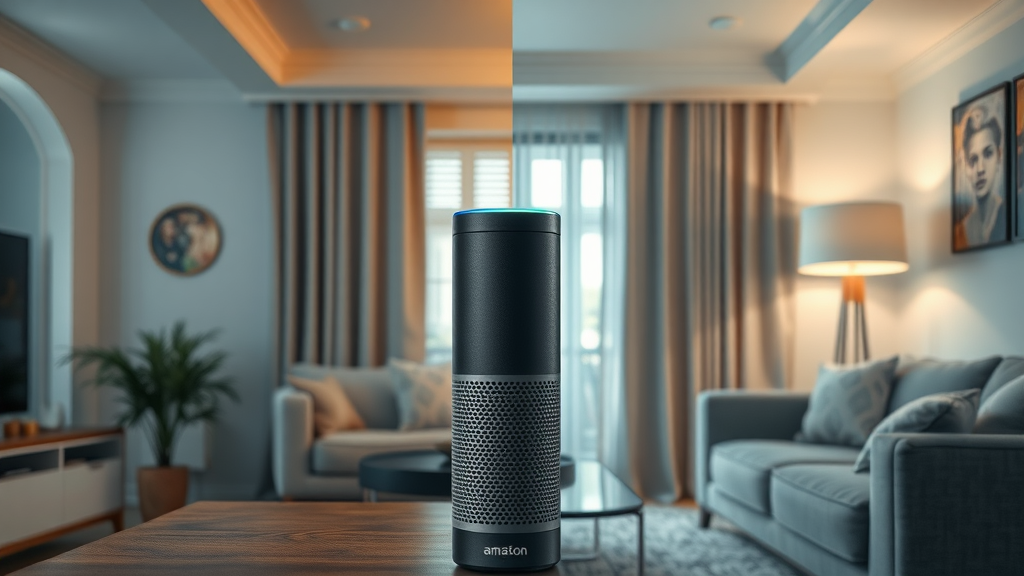 Side-by-side comparison: Amazon Echo and Google Nest smart speakers in stylised modern UK home, contrasting colours