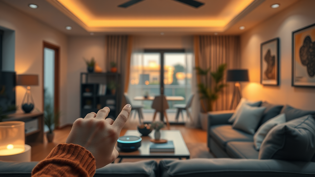 Smart home living room with smart speaker controlling lighting and heating, cozy evening scene, glowing automation cues