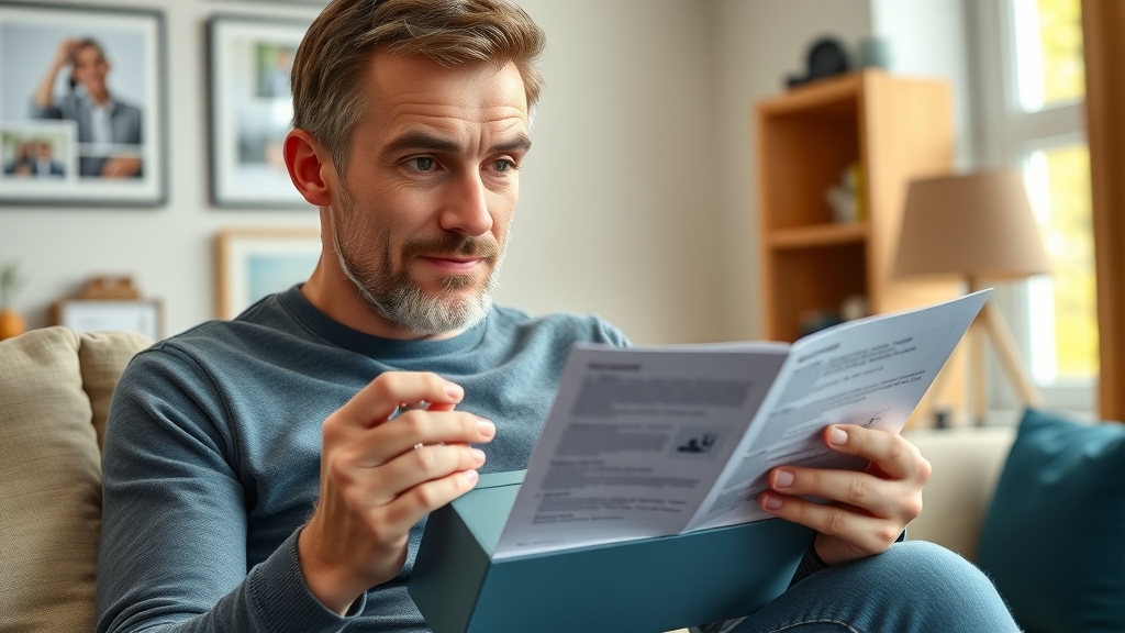 UK homeowner unboxing a smart speaker, reading instruction manual in a tidy living room, morning light