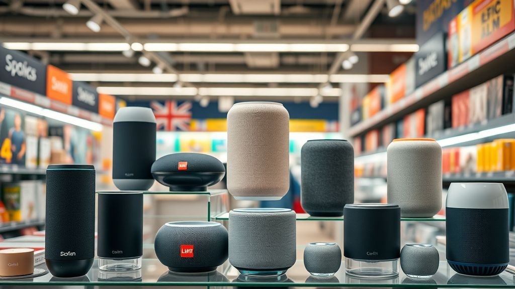 Collage of best smart speakers on UK store shelves, vibrant retail environment