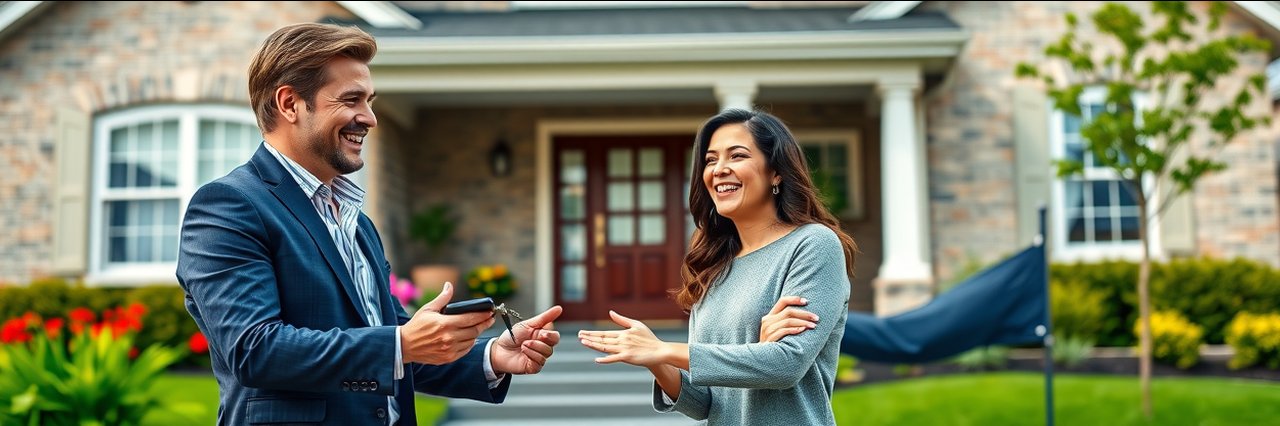 Agent transfers house keys to buyers, symbolizing buying, selling, or transferring your property.