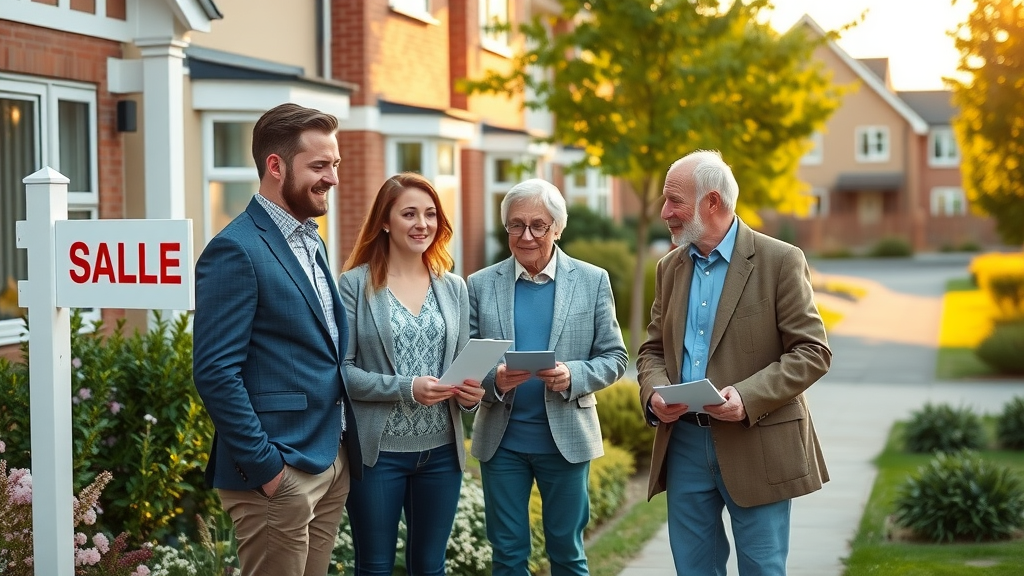 Confident family with solicitor mastering buying, selling, or transferring property