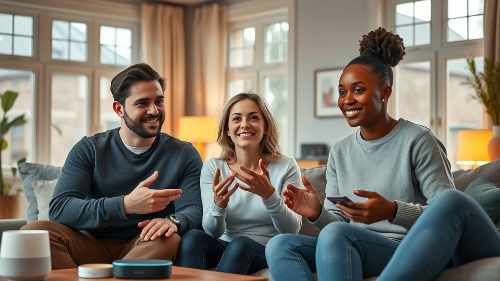 Three people using Google Nest, Amazon Echo, and Apple HomePod smart speakers in a modern British living room