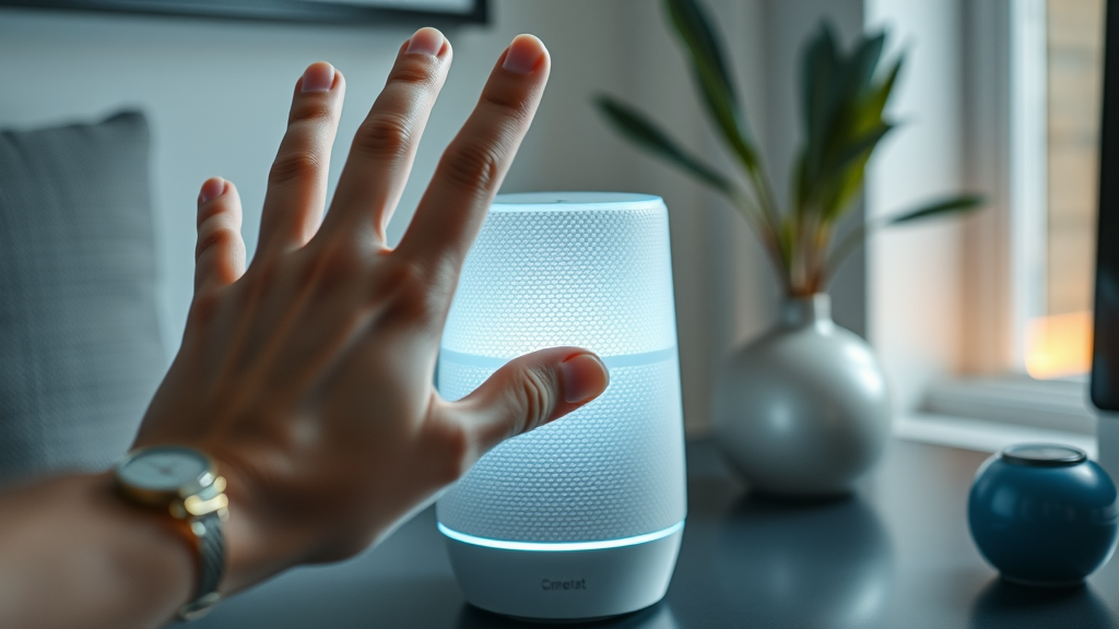 Closeup of a smart speaker with softly glowing LED lights listening as a hand gestures toward it in a modern UK home