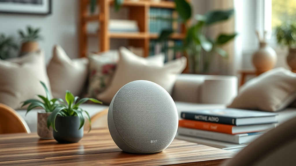 Contemporary Google Nest Audio speaker on a Scandinavian-style table with Google branding and LEDs in a tastefully decorated living space