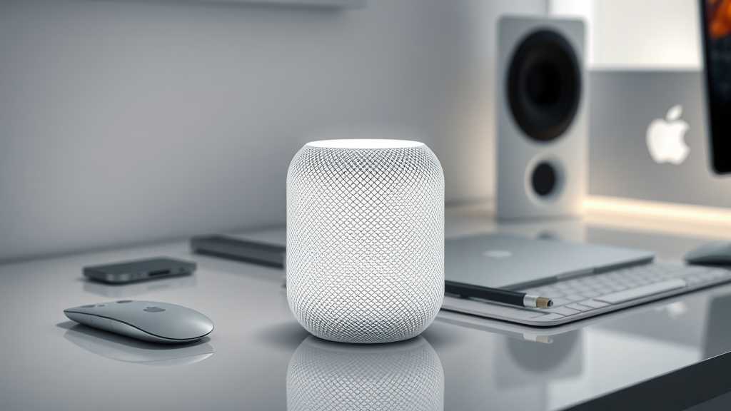 Elegant Apple HomePod Mini with glowing mesh exterior on a modern white desk beside Apple devices