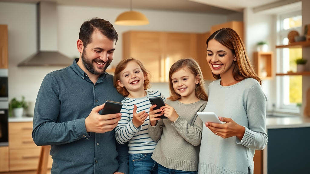 Cheerful British family setting up smart home automation with smart speakers and mobile in a modern open-plan kitchen