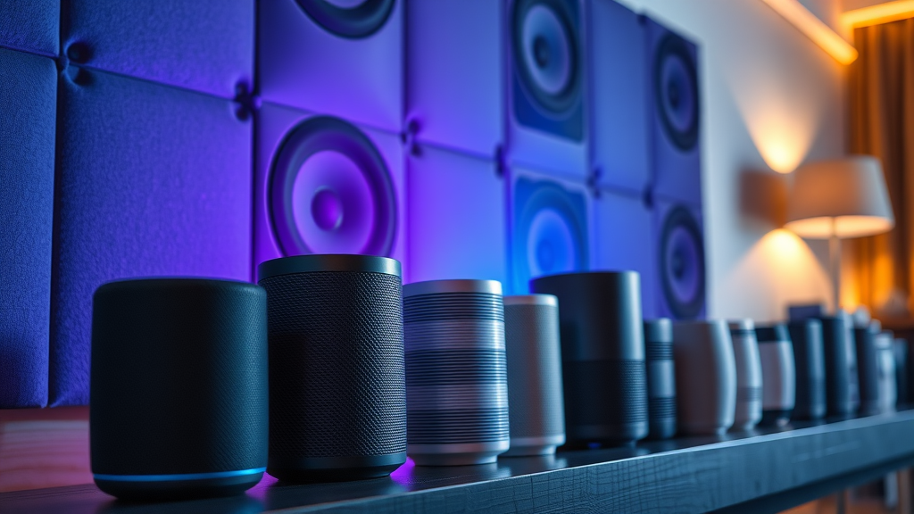 Dynamic lineup of smart speakers projecting sound waves with detailed audio visualisation and colourful gradients in a stylish UK home