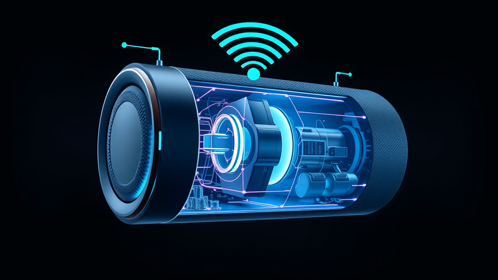 Cutaway illustration of smart speaker showing Wi-Fi antenna and digital network overlays