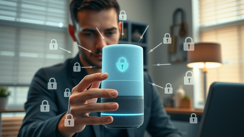 Smart speaker with digital lock graphics in a home office portraying user privacy and data security