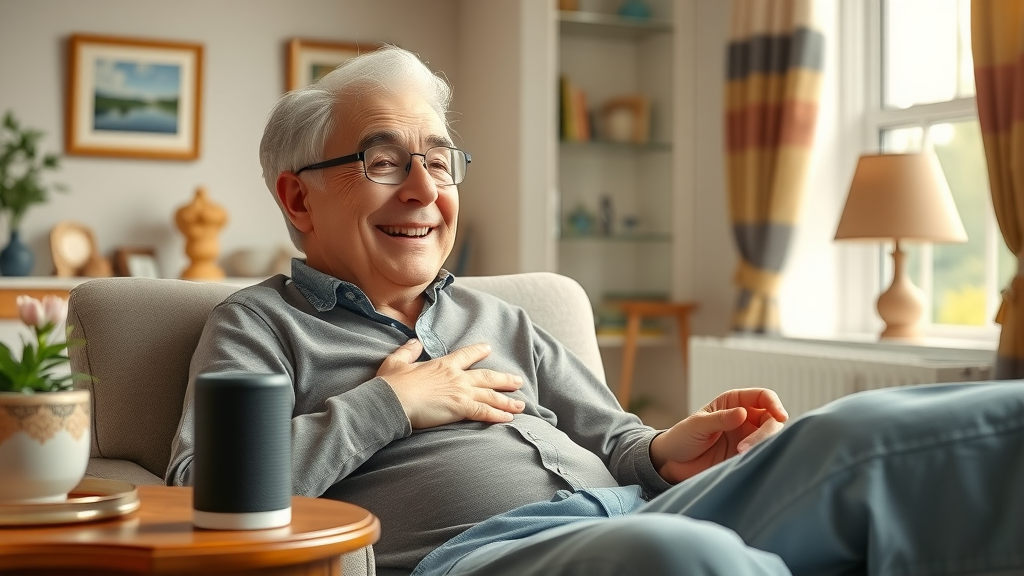 Happy mature person relaxing, enjoying music via smart speaker with voice command in a UK living room