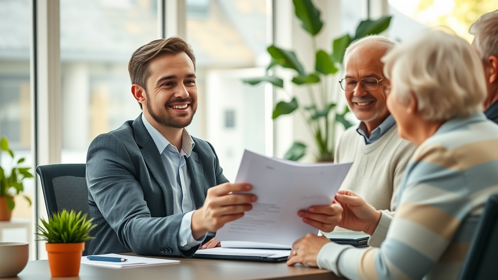 Smiling estate agent provides extra mile personal service to older clients in bright office