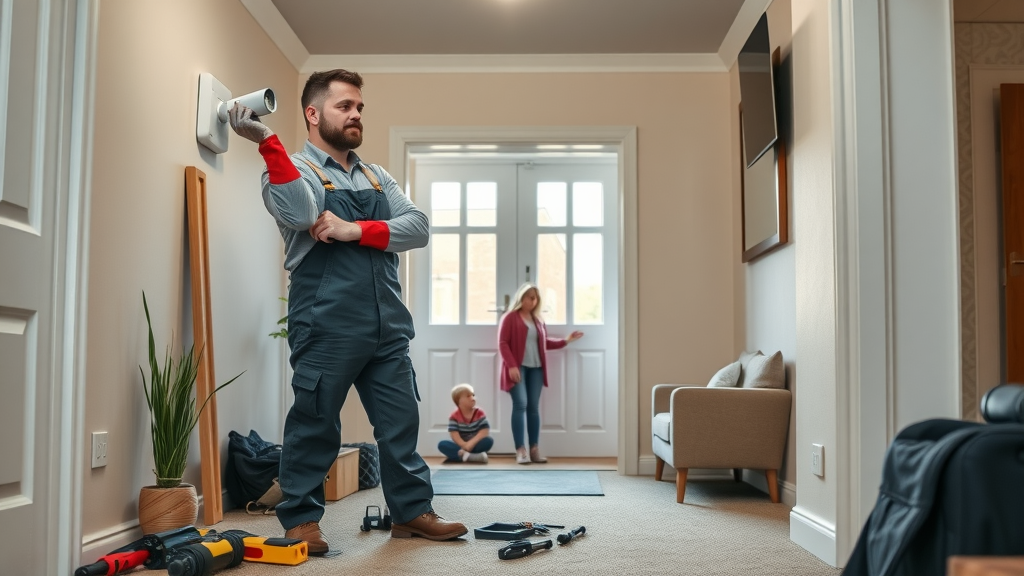 professional UK security technician installing wall-mounted security system panel in a modern home