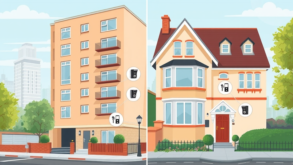 urban London flat building and detached family home, entry security devices highlighted on each
